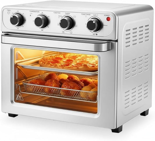 HealSmart 4-in-1 Air Fryer Toaster Oven Combo, 26QT Large Countertop Convection Oven with Bake, Broil, Roast & Dehydrate, Includes 12" Pizza Pan & Fry Basket, Stainless Steel, Energy-Efficient