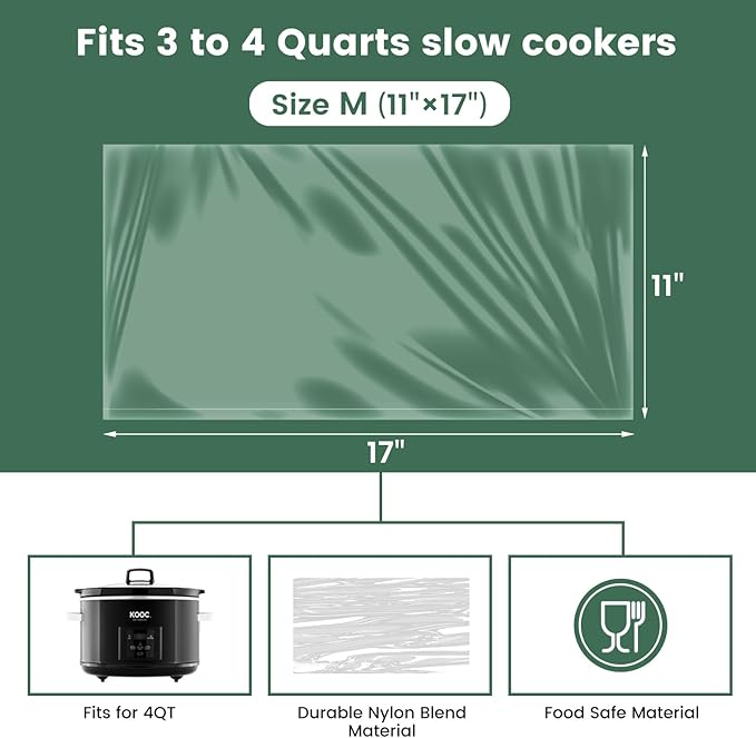 KOOC Slow Cooker Liners 11"x17" 10 count Middle Size Disposable Plastic Bags Pot Liners Cooking Bags Fit 3 qt to 4 qt Pot BPA Free