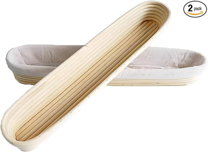 2 Pack 21.7 Inch Oval Banneton Proofing Basket Set, Natural Rattan Sourdough Bread Baking Bowl with Linen Liner, Large Cane Dough Rising Kit for Home Bakers Making Artisan Baguette Batard