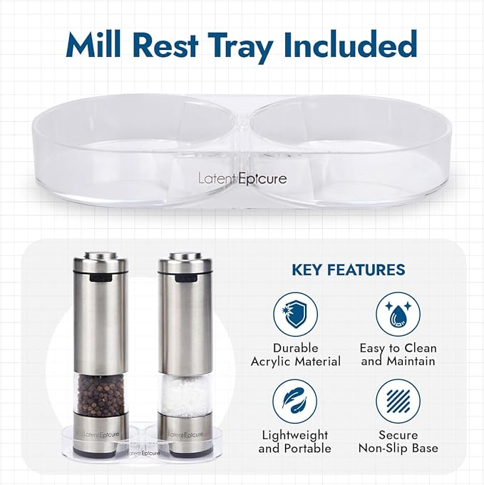 Electric Salt & Pepper Grinder Set ??USB-C Rechargeable Stainless-Steel Mills & Shakers with LED Light, Adjustable Ceramic Grinders & Acrylic Rest Tray