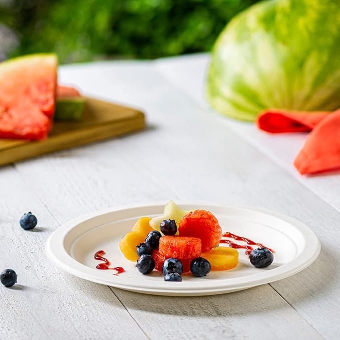 GUSTO [9 Inch - 125 Pack Heavy Duty White Paper Plates, 100% Compostable, Eco-Friendly - Biodegradable Disposable Plates, Sugarcane Paper Plates (Formerly Comfy Package)