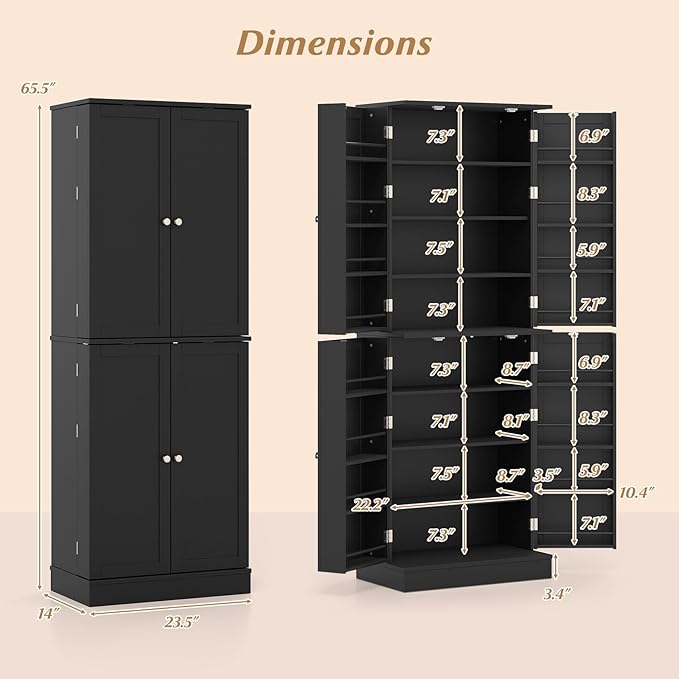Giantex Kitchen Pantry Cabinet, 65.5" Tall Kitchen Hutch w/8-Tier Storage Cabinet, 16-Tier Door Shelves & Adjustable Shelves, 4-Door Freestanding Buffet Sideboard for Dining Room, Living Room (Black)