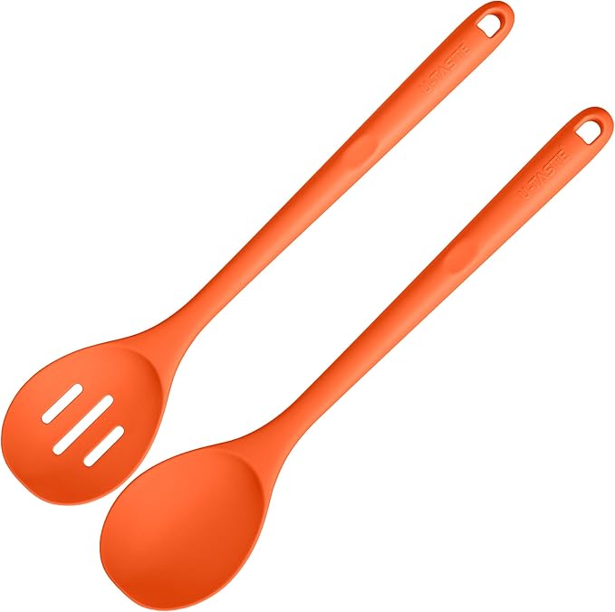 600쨘F Heat Resistant Silicone Spoons: U-Taste 13.3in Solid & Slotted Kitchen Cooking Spoon, Nonstick Long Rubber Utensil, Sturdy for Mixing, Serving, Stirring, Frying, Draining (Orange, 2PCS)