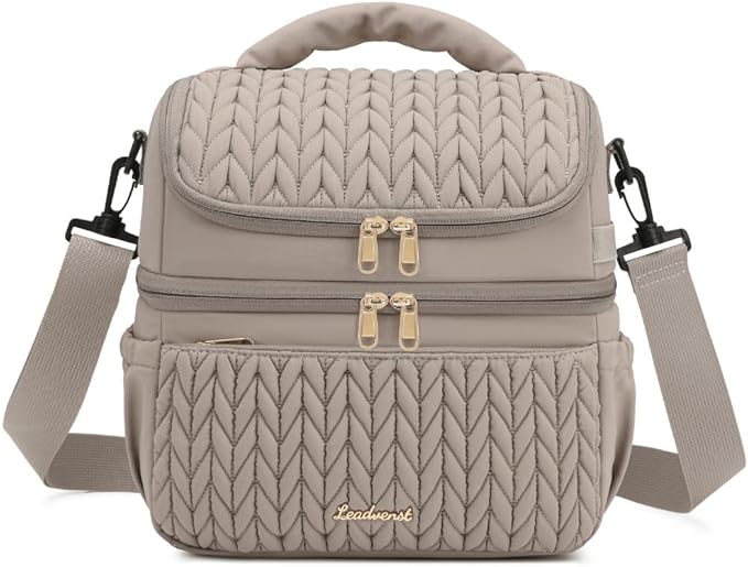 LEADVENST Lunch Bag Women, Double Deck Insulated Lunch Box - Large Capacity 12L with Detachable Divider for Tall Items, Leakproof, Durable & Reusable Cooler Bag For Work Picnic Travel, Quilted Khaki