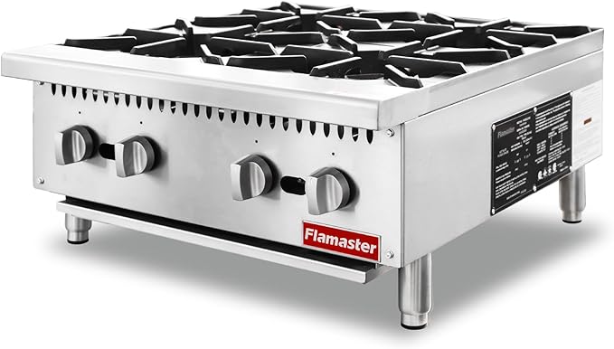 4 Burner Commercial Hot Plate, 24" Countertop Gas Stove Stainless Steel Natural Gas Range with Propane Conversion Kit Cooking Equipment for Restaurant Kitchen-100000 BTU