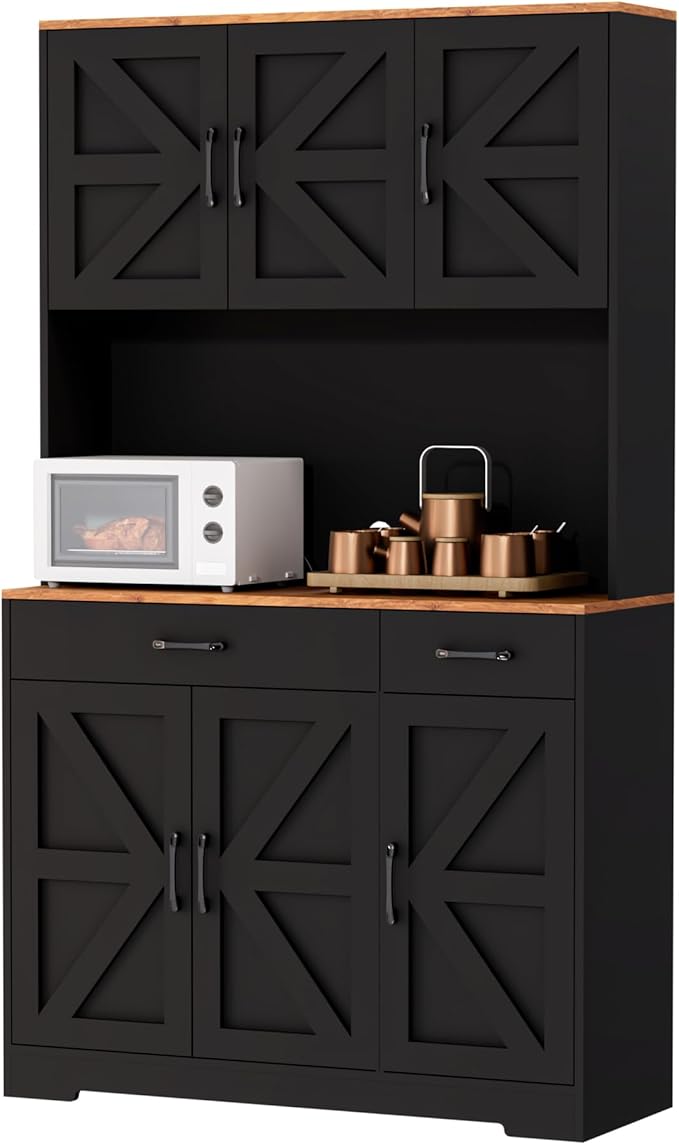 71" Pantry Cabinet with Charging Station, Kitchen Storage Cabinet with Microwave Stand, 8-Zone Organization, 2 Smooth-Glide Drawers, Open Countertop for Dining, Kitchen, Living Room (Black)