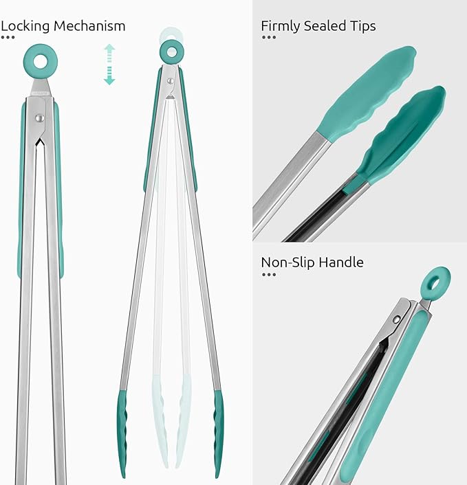 600쨘F Heat Resistant Kitchen Tongs: U-Taste 16 in Extra Long Large Silicone Cooking Tong with Sturdy Non Stick Rubber Tips & Non Slip Silicon Coated 18/8 Stainless Steel Handle for Grill BBQ(Aqua Sky)