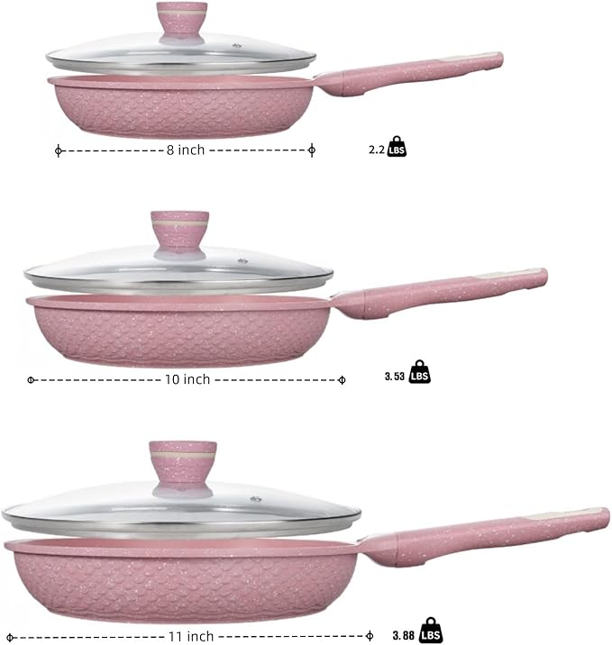 6-Piece Nonstick Frying Pan Set with Lids(8,10,11 Inch) Omelette & Egg Pan - 100% PFOA/PFAS Free Non-Toxic Advanced Nonstick for Effortless Cooking & Oil Saving, Universal Induction Base All Stovetops