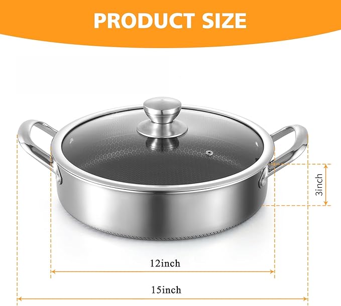 Stainless Steel Saute Pan 12 inch Deep Frying Pan,5 Quarts Nonstick Skillet Large Saut챕 Pan with Lid,PFOA Free Cookware,Induction Compatible Chef Cooking Pan,Dishwasher & Oven Safe