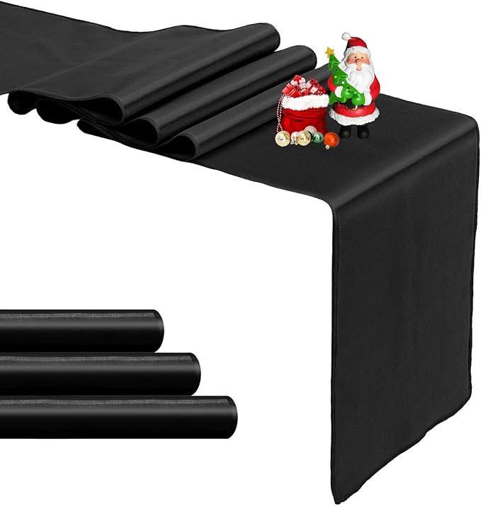 4-Pack Black Satin Table Runner 12 x 108 Inch Long Bright and Smooth Silk Fabric Table Runner for Wedding Banquet Birthday Party Decoration
