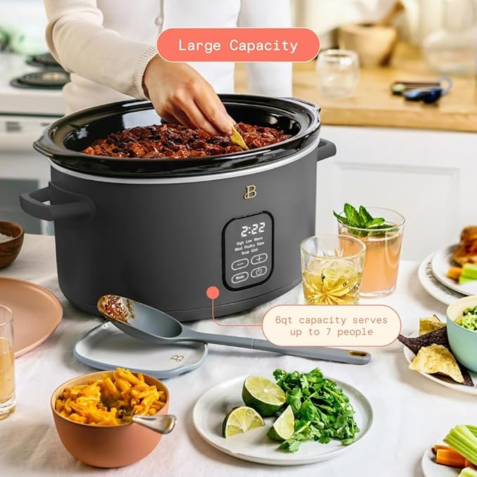 Beautiful 6 Quart Programmable Slow Cooker by Drew Barrymore ??Large Capacity, Ceramic Removable Pot, Tempered Glass Lid, Dishwasher Safe, Auto Keep Warm (Oyster Grey)