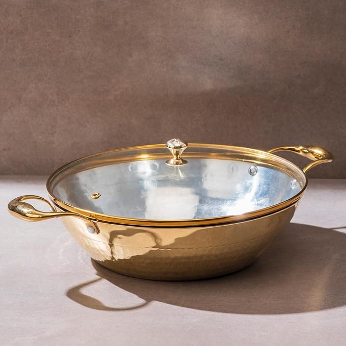 P-TAL Brass Wok With a Lid, Kadhai, Nonstick Wok Pan with a Tin Coating, Non-Toxic Cookware with Ayurvedic Health Benefits, PFOA and PFAS Free (Glass Lid Flat Base)