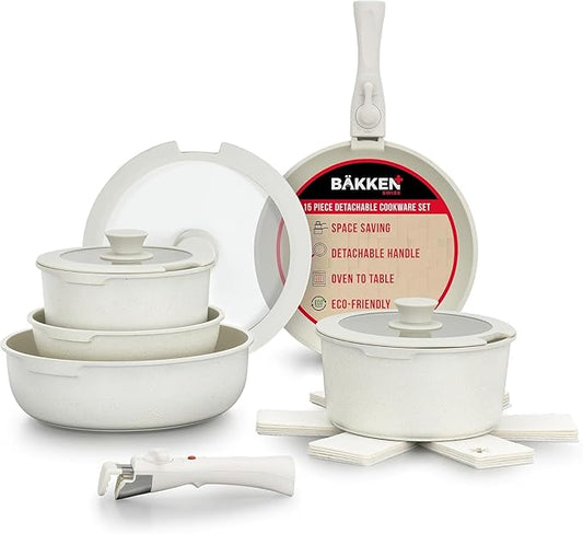 Bakken 15-Piece Non-Stick Cookware Set with Detachable Handles ??Granite Stackable Pots and Pans Set, Dishwasher Safe, Oven-Safe, and Compatible Kitchen Essential for All Stoves ??Cream