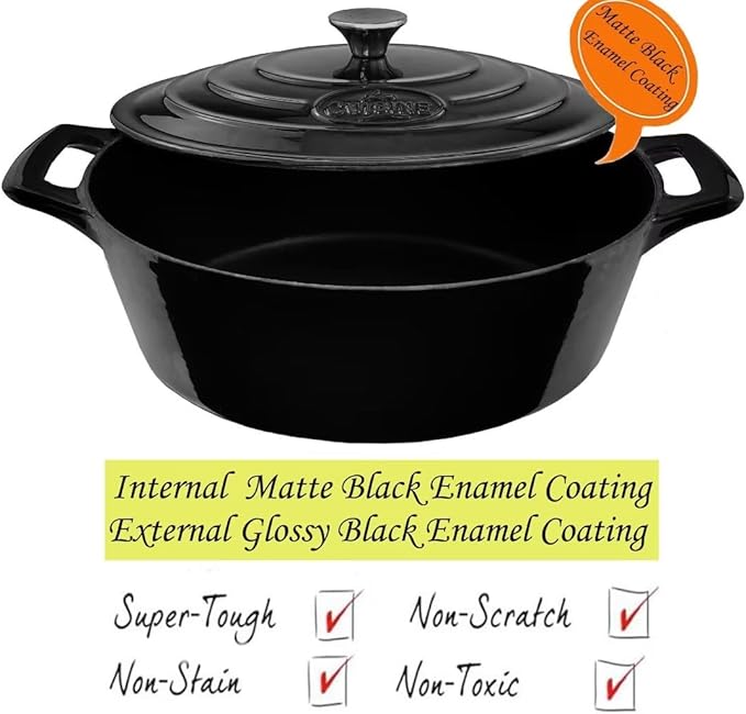 La Cuisine 6240MB Enameled Cast Iron Oval Dutch Oven Casserole 6.75 QT 33x25x16cm Matte Black Enamel Interior, Glossy Black Porcelain Enamel Coating Exterior