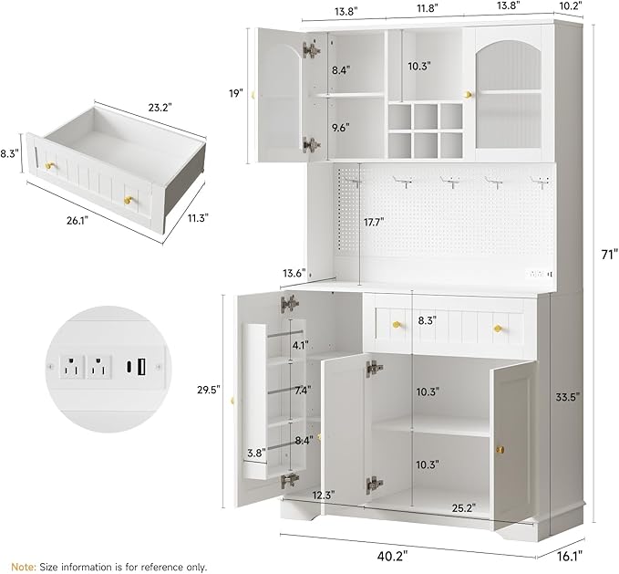 ONBRILL 71" Pantry Storage Cabinet with Microwave Shelf & Door Shelves, Kitchen Wood Pantry with Outlet & LED Light, Kitchen Hutch with DIY Pegboard & 6 Hook, Modern Cabinet with Drawer & Wine Rack