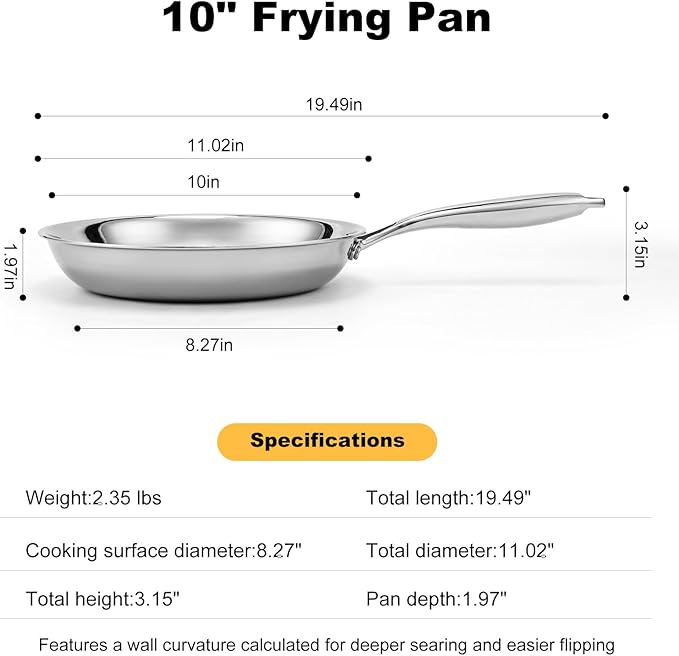 Stainless Steel Pan竊똍on-Toxic PFAS, PFOA & PTFE Free, Compatible With All Cooktops & Induction Safe, Oven Safe Pan for Searing & Saut챕ing, Long Lasting Cookware. (10 Inch)