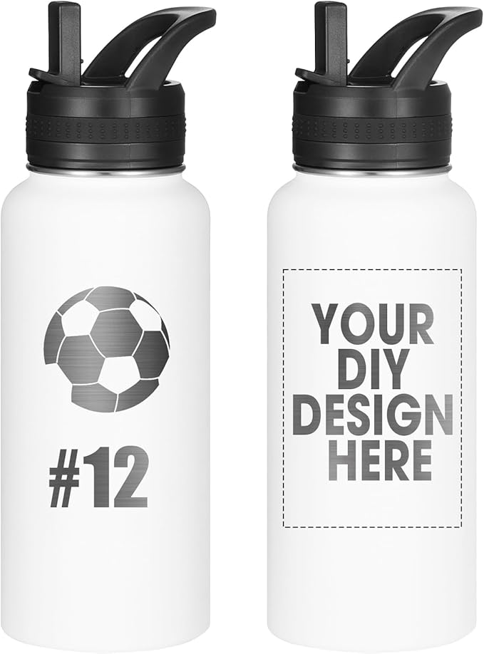 Personalized Laser Engraving Custom Water Bottle Print in USA 32oz Double Wall Stainless Steel Leakproof Wide Mouth Cup with Flip Straw