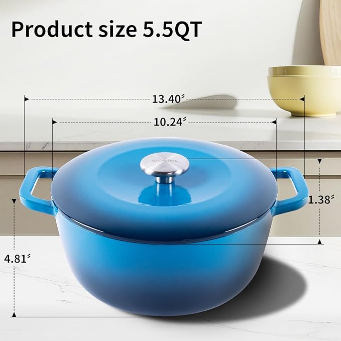 Enamel Cast Iron Dutch Oven with Lid,Dual Handles,Heavy-Duty Cookware for Sourdough Bread Baking,Braising,Stews,Roasting,Oven Safe up to 500째 F,5.5QT,blue