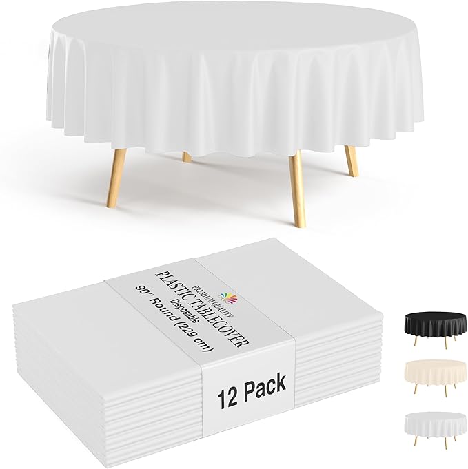 Party Solids 12-Pack White Round Plastic Tablecloth Disposable ??Size: 90 Inches ??Round Plastic Table Cloths for Parties, Picnics & Formal Events