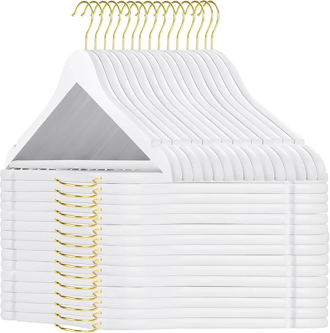 TOPIA HANGER Wooden Hangers 30 Pack, White Wood Coat Hanger with 360째 Swivel Gold Hook, Non Slip Pants Bar and Shoulder Notches for Camisole, Jacket, Pants, Smooth Finish Clothes Hangers -CT34WG30