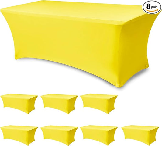 Enjoyidea Fitted Stretch Table Cover for 6 Foot Rectangle Tables-8 Pack Yellow Spandex Tablecloth-Elastic Folding Tablecloths for Party, Vendor Booth Display, Banquet Buffet Event, Craft Trade Show