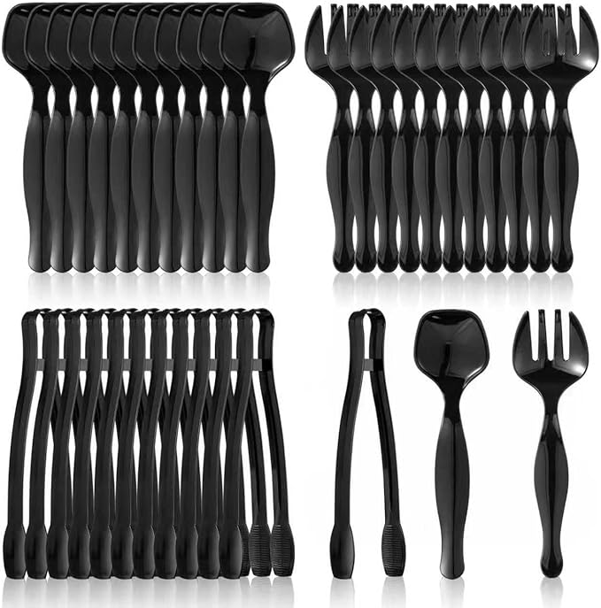 48 Pcs Black Plastic Serving Utensils Set 9'' Disposable Serving Utensils Spoons Forks Tongs for Serving Food Party Utensils Supplies for Buffet Banquets Weddings Restaurant Dinner Salad