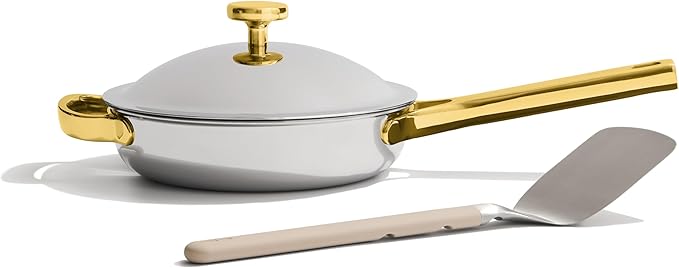 Our Place Mini Titanium Always Pan Pro | 8.5" PFAS-Free Nonstick Frying Pan with Spatula | Chef-Grade Tri-Ply Stainless Steel & Aluminum Build | Induction & Oven-Safe up to 750째F | Gold