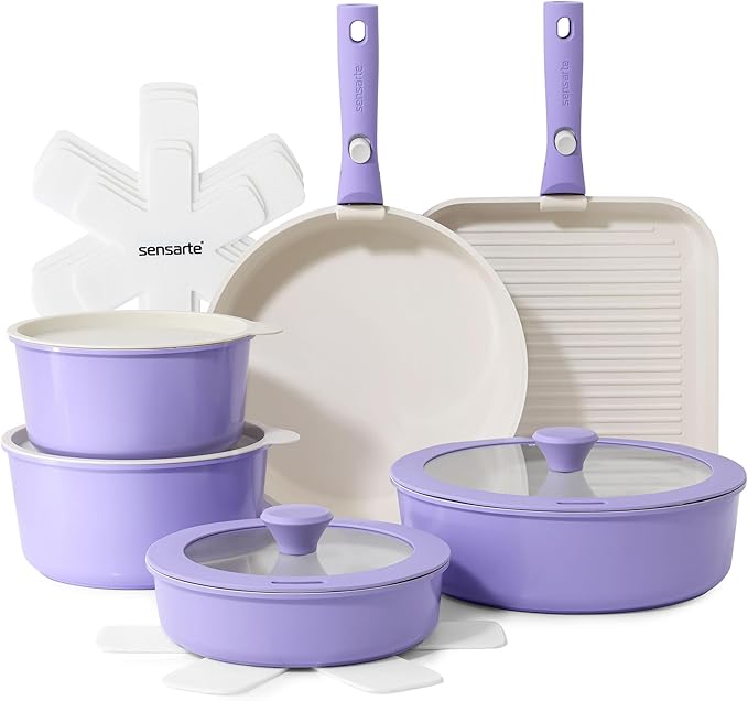 SENSARTE 17 Piece Ceramic Pots and Pans Set, Nonstick Detachable Handle Cookware, Induction Kitchen Cookware Set with Removable Handle, Dishwasher 竊?Oven Safe (Purple)