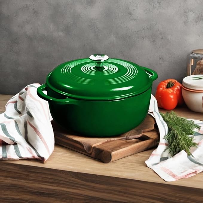 Lodge 6 Quart Enameled Cast Iron Dutch Oven with Lid ??Dual Handles ??Oven Safe up to 500째 F or on Stovetop - Use to Marinate, Cook, Bake, Refrigerate and Serve ??Evergreen