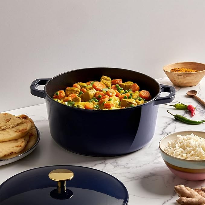 Milo by Kana 3.5-quart Enameled Cast Iron Dutch Oven with Lid | Premium Casserole Cooking Pot | Enamel Coating Inside and Out | Oven Safe and Dishwasher Friendly (Navy Blue with Gold Knob))
