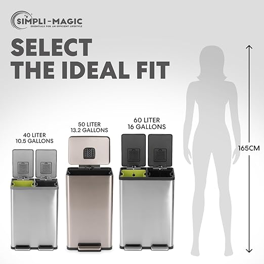 SIMPLI-Magic 13.2 Gallon (50L) Step Trash Can ??Kitchen Garbage Can with Slow-Close Lid ??Odor Control, Hands-Free, Easy to Clean, Brushed Stainless Steel (Rose Gold)