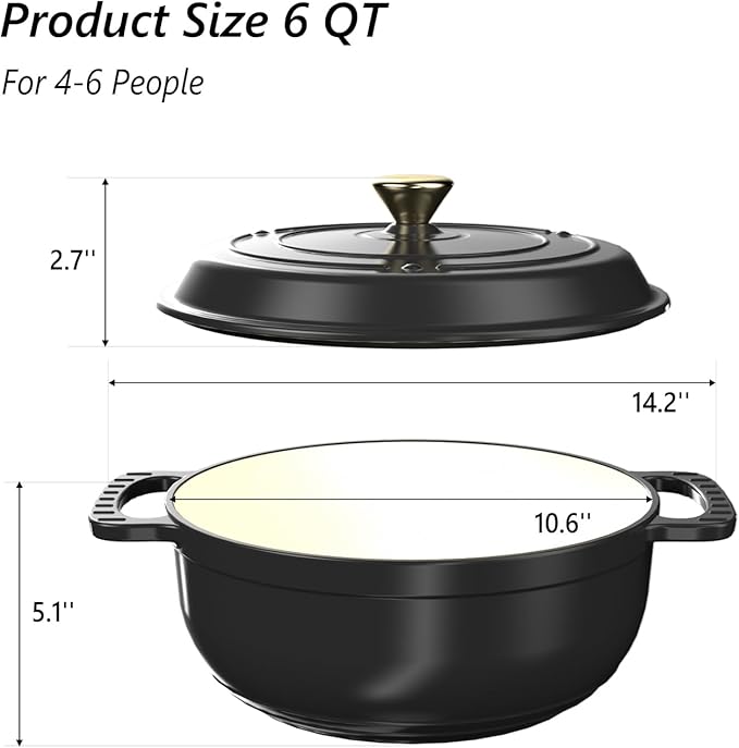 VINGLI 6QT Enameled Cast Iron Round Dutch Oven Pot with Lid, NonStick Casserole Pot with Dual Handles & Silicone GlovesRed, Oven Safe up to 500째F or on Stovetop, Dutch Oven for Bread Baking, Black