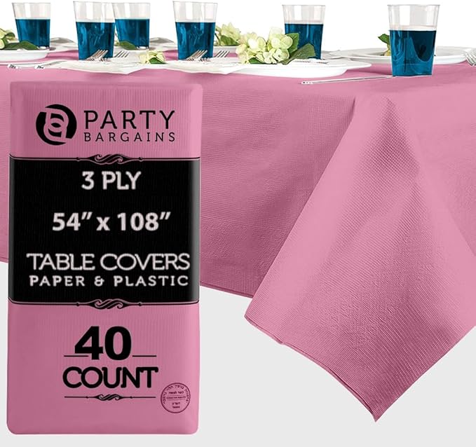 PARTY BARGAINS Disposable Table Covers, 54 x 108 Inch, Pink, 3-Ply Paper & Plastic Spill-Resistant Party Tablecloths, 40 Pack