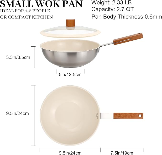 MARSKITOP Ceramic Wok with Lid, 9.5 Inch Stainless Steel Nonstick Stir Fry Pan with Wooden Handle, Compatible with All Stovetops, PFAS Free
