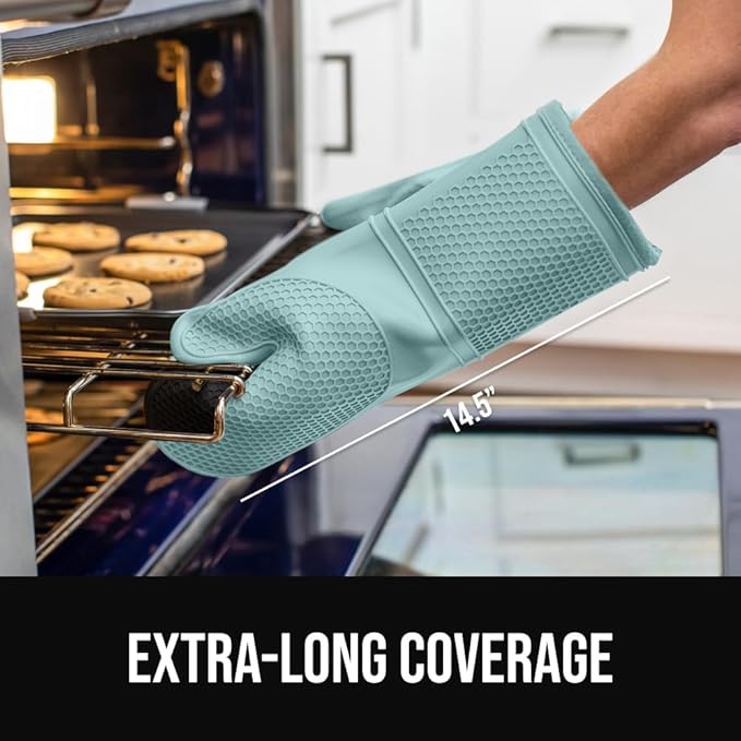 GORILLA GRIP BPA-Free Soft Silicone Oven Mitts, 14.5x8.3, Heat Resistant and Waterproof Cooking Gloves, Thick Cotton Lining, Flexible Gripping for Baking Grilling, Kitchen Potholders Set of 2, Mint