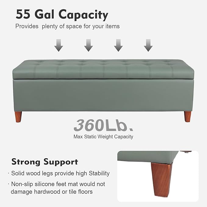 DECO DE VILLE Ottoman with Storage, 51 Inch End of Bed Storage Ottoman Bench, Faux Leather Upholstered Ottomans with Hinged Lid, Rectangle Long Foot Rest Bench for Living Room Bedroom Light Green