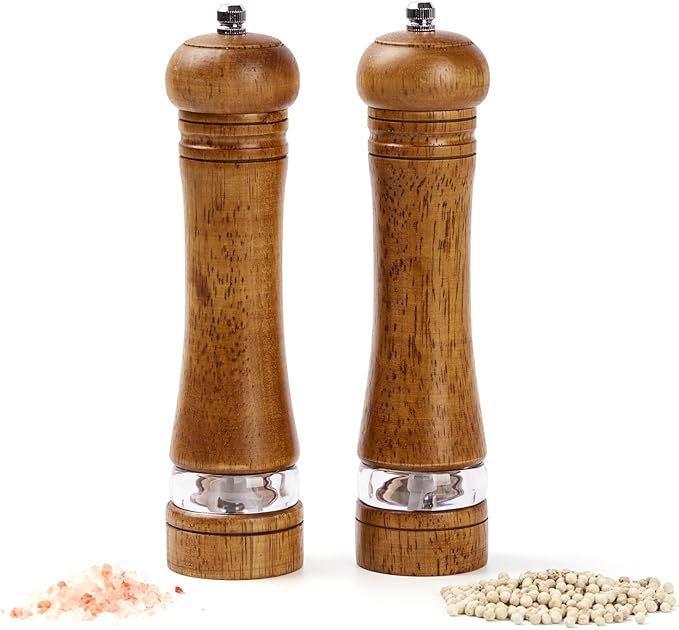 Wooden Pepper Grinder Set of 2, 8 Inch Beech Wood Pepper Mills with Stainless Steel Core, Manual Pepper Grinder with Comfort Grip & Effortless Grinding for Kitchen Cooking