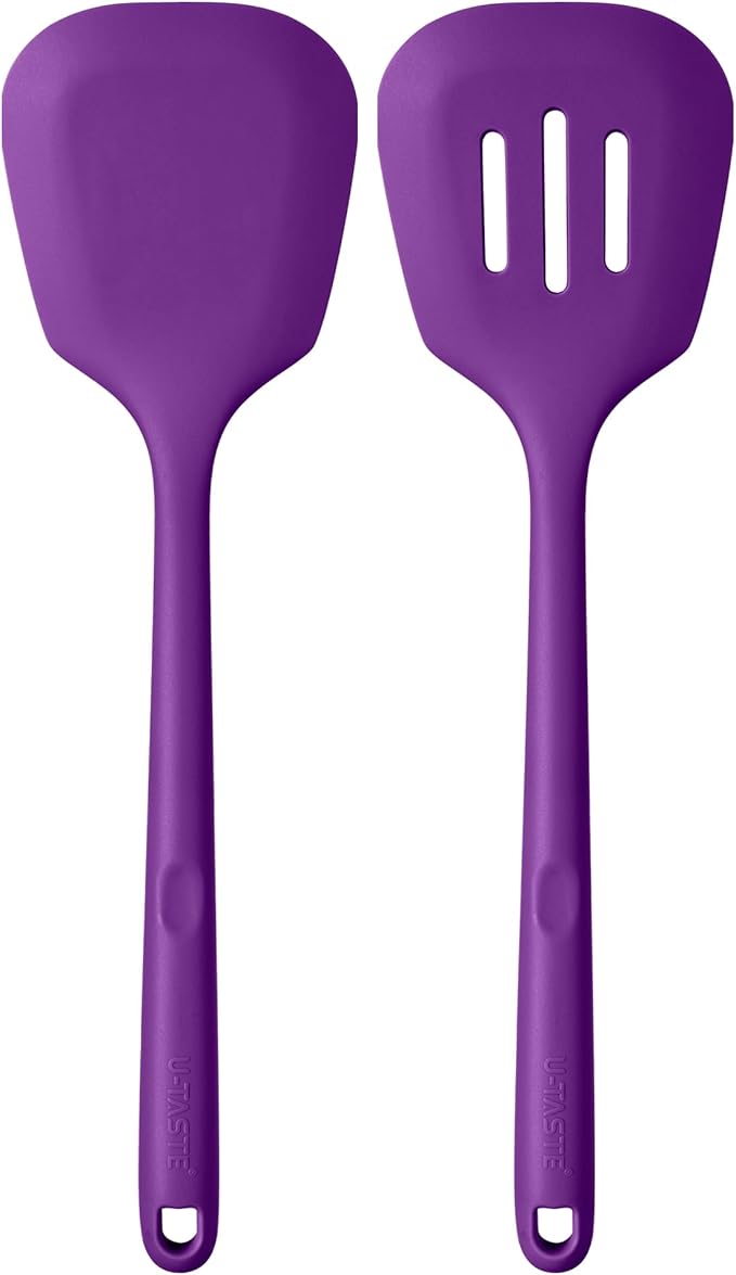 600쨘F Heat Resistant Silicone Turners: U-Taste 13.6in Long Solid & Slotted Kitchen Spatula Flipper, Large Flexible Cooking Utensil for Flipping Egg, Pancake in Nonstick Cookware(Purple, 2PCS)
