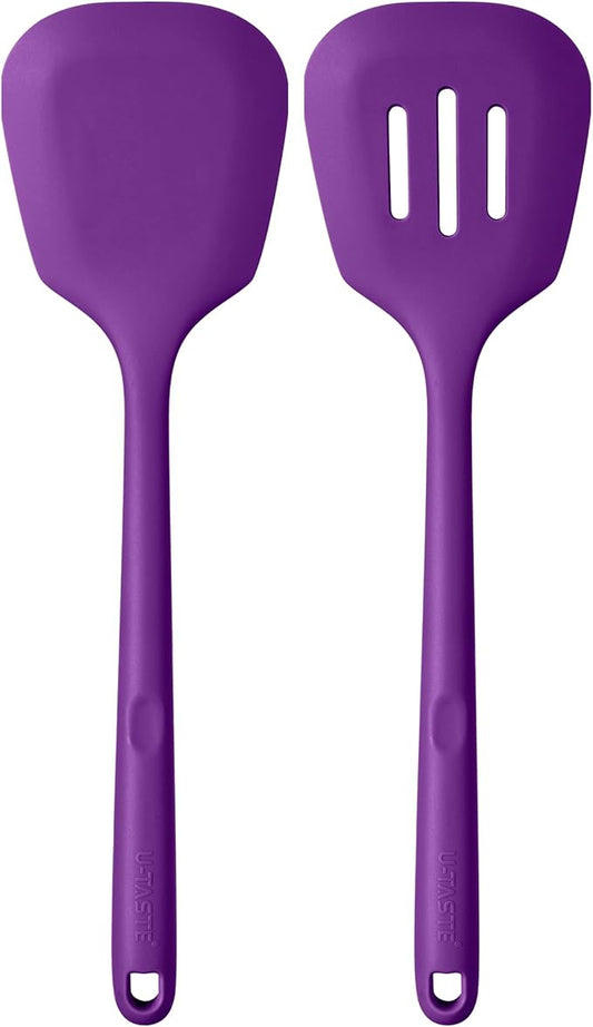 600쨘F Heat Resistant Silicone Turners: U-Taste 13.6in Long Solid & Slotted Kitchen Spatula Flipper, Large Flexible Cooking Utensil for Flipping Egg, Pancake in Nonstick Cookware(Purple, 2PCS)