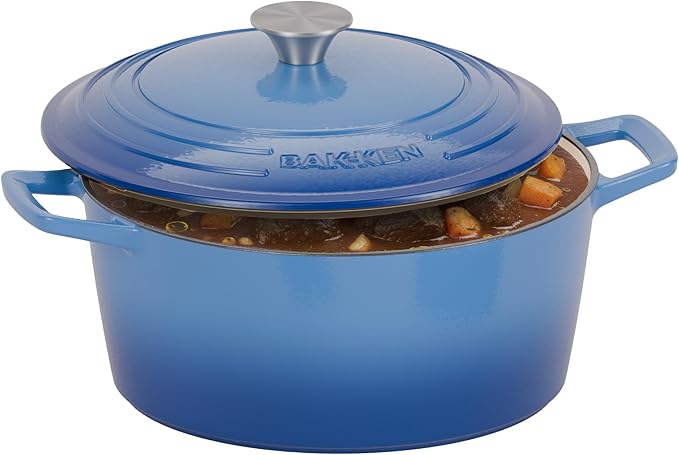 Bakken Enameled Cast Iron Dutch Oven Pot, 6QT Dutch Oven for Bread Baking, Braising & Roasting, Kitchen & Campfire Cooking, Moisture-Locking Lid, Oven Safe Up To 500째F, Works on All Cooktops, Blue