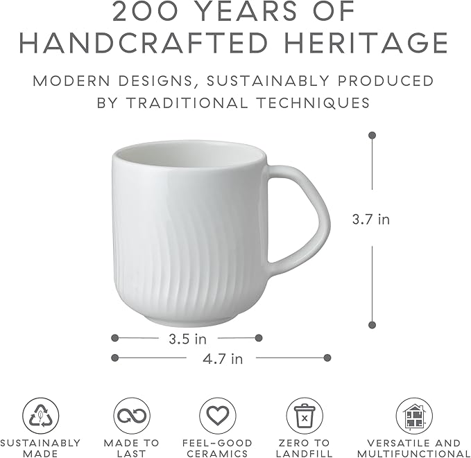 Denby - Porcelain Arc White Coffee Mug Set of 4-13.5oz Simple Tea Mug Set For Office & Home - Dishwasher Safe, Microwave Safe - Ceramic Cups With White Glaze