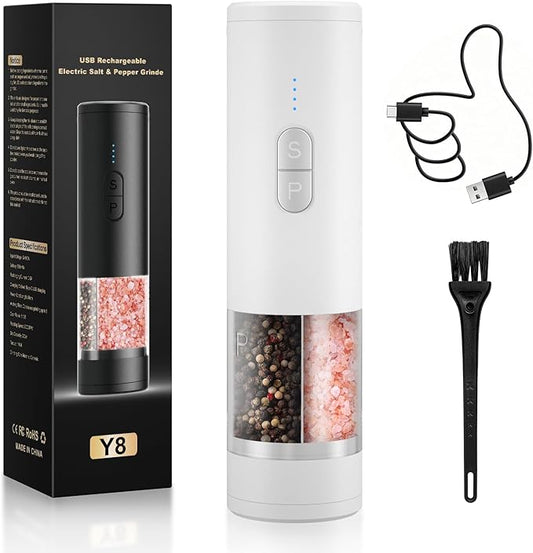 Electric Salt and Pepper Grinder Set Shakers 2 IN 1-Rechargeable Automatic Pepper Mill,with LED Lighting,Adjustable Grinder,Large Capacity-Ideal for Kitchen,BBQ,Ideal Kitchen Gifts (White)