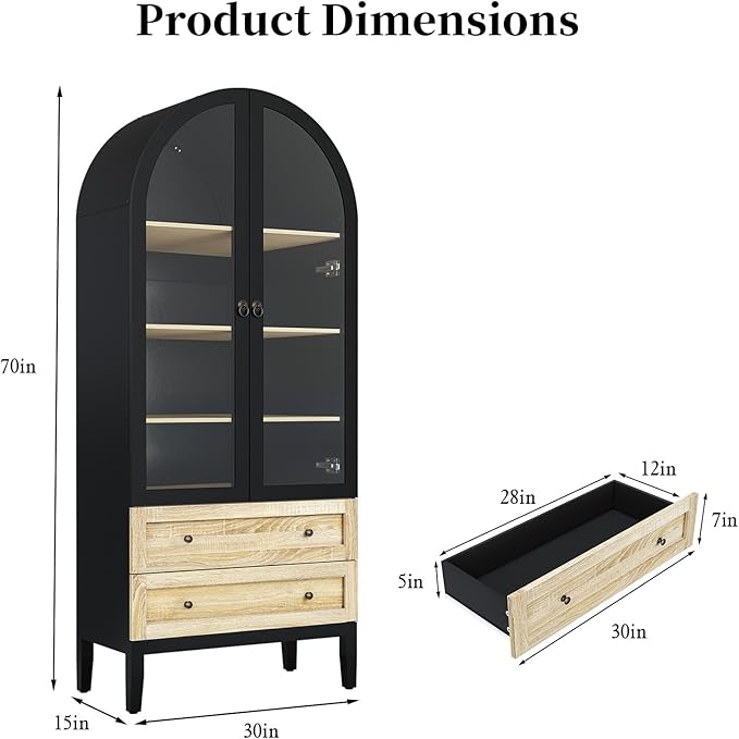 HLR 71" Tall Arched Storage Cabinet, Modern Farmhouse Black Kitchen Pantry Cabinet with Glass Doors and 2 Drawers, Versatile Display Cabinet for Kitchen, Dining Room, Living Room