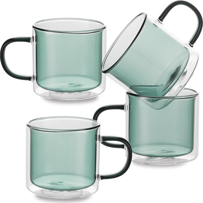 Double Wall Insulated Glass Tea Cups Set of 4, Clear Borosilicate Espresso Shot Cups for Espresso Machine, Glass Teacups Coffee Mugs with Handle for Cappuccino Latte, Green, 10OZ/280ML