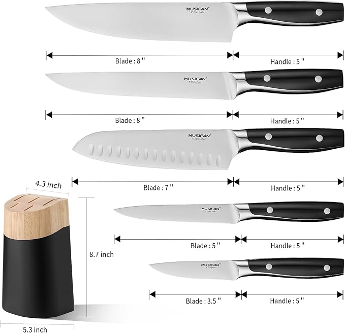 6-Piece Knife Block Sets，Stainless Steel Kitchen Knife Set with Block ??High Carbon Black Knives, Dishwasher Safe，Holiday Gift