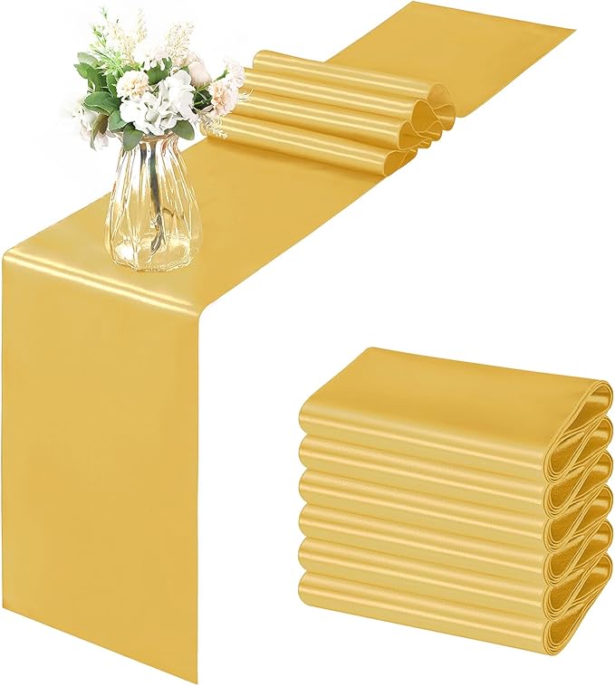Horbaunal 6 Pack Satin Runners 12 x 108 Inch Bright Silky Smooth Satin Table Runners for Birthday Wedding Party Banquets, Luxury Gold