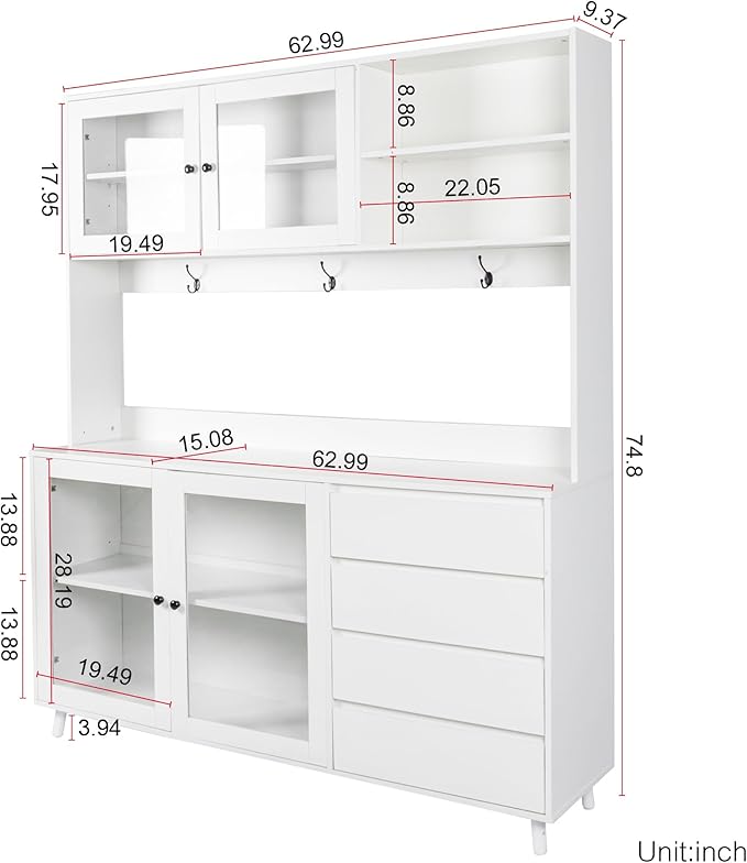63" W Large Kitchen Hutch Cabinet, Freestanding Pantry Storage Cabinet with Hutch, 4 Doors 4 Drawers & Microwave Shelf, Buffet Sideboard Cupboard for Dining Room Kitchenette, White