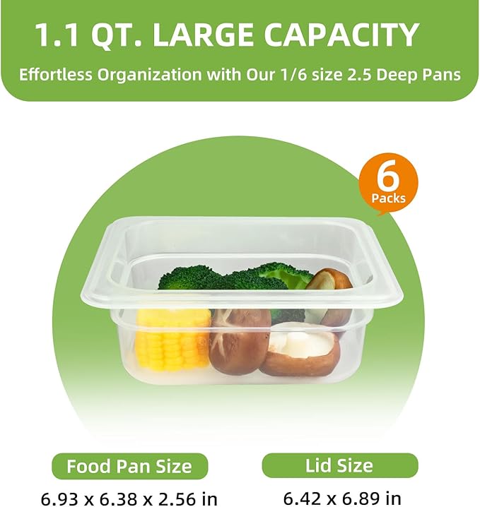 6-Pack Food Pan with Lids, 1/6 Size Food Storage Containers for homes, schools, restaurants, hotels Meal Prep, -40??160?? Stackable, Freezer-Safe (1/6 size 2.5 inch deep, 1.1L/1.1QT)