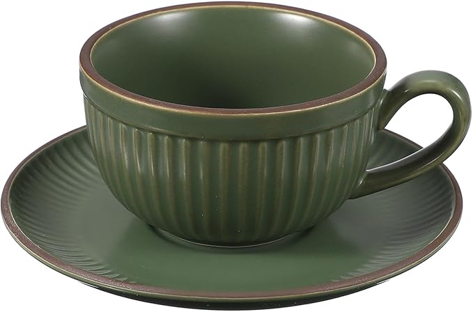 uxcell Handmade Vintage Espresso Cups, 9.5oz Stripe Coffee Cups and Saucers Ceramic Tea Cup with Handle Dishwasher and Microwave Safe for Latte Cappuccino Milk Office Home, Dark Green