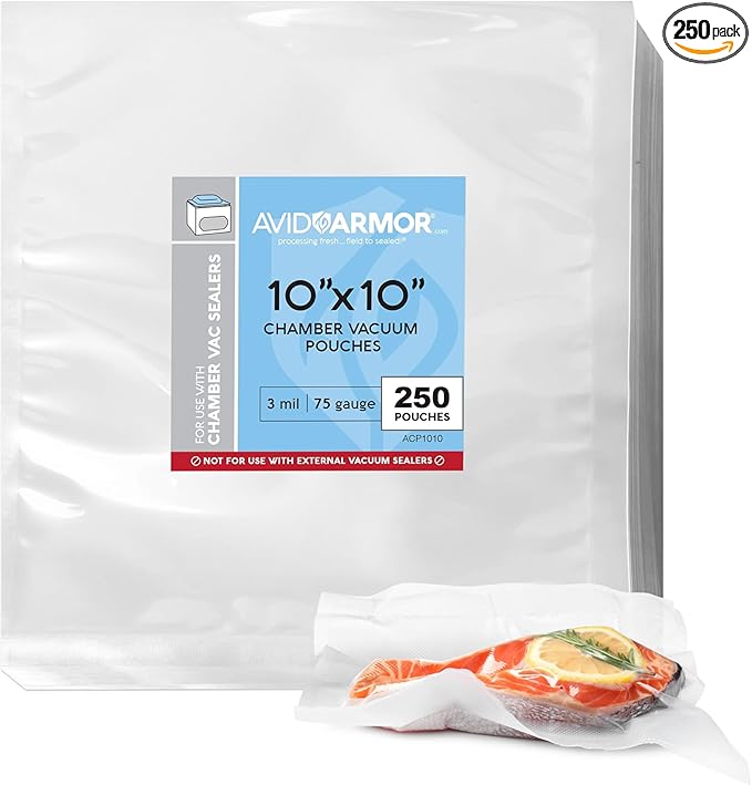 Avid Armor Chamber Vacuum Sealer Bags ??Heavy Duty, BPA-Free, Pre-Cut Chamber Vacuum Bags for Food Preservation, Freezer Storage, Sous Vide and more, 250/Pack (10x10) ??Multi-Use Vacuum Bags